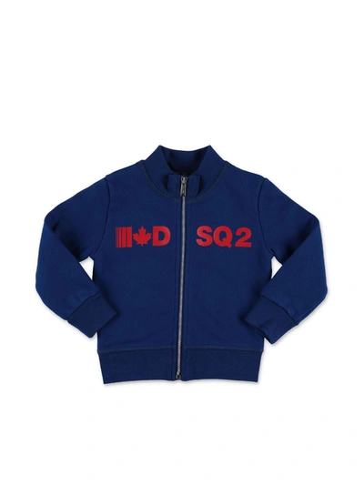 Dsquared2 Kids' Logo Print Zip-up Cotton Sweatshirt In Royal Blue