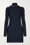 DION LEE CHAIN-EMBELLISHED OPEN-BACK RIBBED-KNIT MINI DRESS