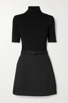 THEORY BELTED RIBBED MERINO WOOL-BLEND AND TWILL TURTLENECK MINI DRESS