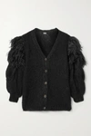 LOEWE OVERSIZED FEATHER-TRIMMED CABLE-KNIT MOHAIR-BLEND CARDIGAN