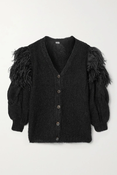 Loewe Oversized Feather-trimmed Cable-knit Mohair-blend Cardigan In Black