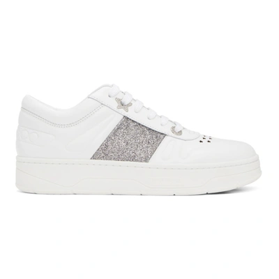 Jimmy Choo Hawaii Embellished Perforated Leather Trainers In White,silver