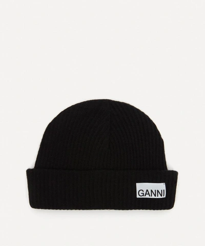 Ganni Recycled Wool-blend Beanie Hat In Black