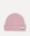Ganni Logo-patch Ribbed Wool-blend Beanie In Sweet Lilac