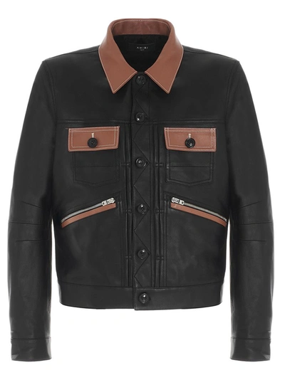 Amiri Contrasted Leather Trucker Jacket In Black