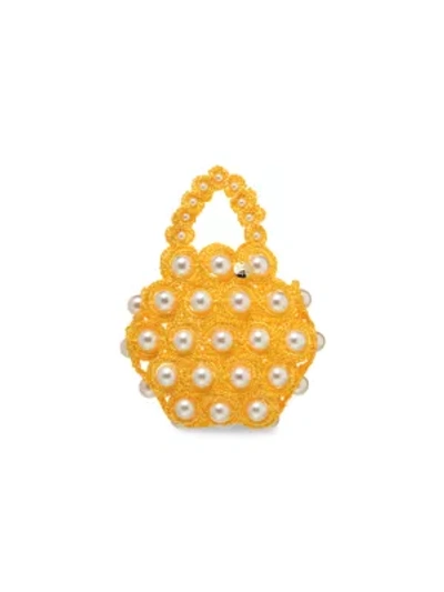 Alameda Turquesa Hana Faux Pearl & Raffia Top Handle Bag In Yellow