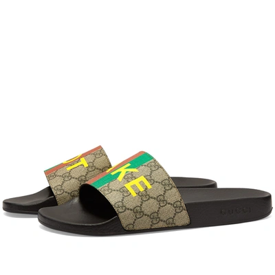 Gucci Printed Leather-trimmed Monogrammed Coated-canvas Slides In Brown