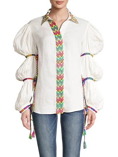 All Things Mochi Statement Sleeve Linen Top In Off White