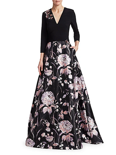 Theia 3/4 Sleeve Floral Evening Gown In Black