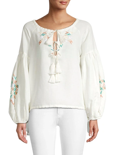 All Things Mochi Women's Embroidered Linen Top In Off White