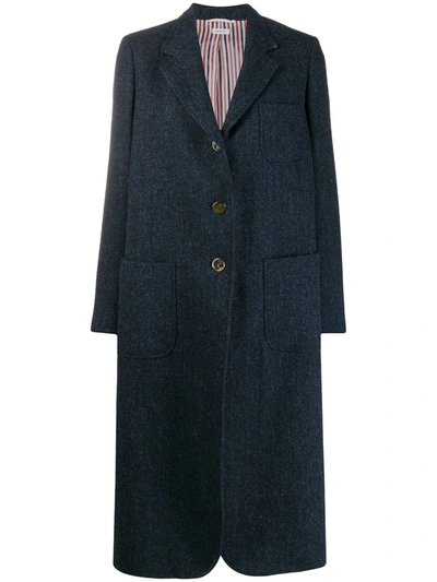 Thom Browne Herringbone Harris Tweed Elongated Overcoat In Blue