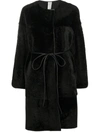 Furling By Giani Front Tie Shearling Coat In Black