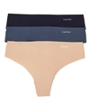 Calvin Klein Invisibles Thong 3-pack In Black,blue,nude