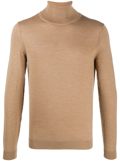 Hugo Boss Roll Neck Virgin Wool Jumper In Brown