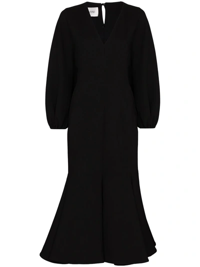Valentino Gathered-sleeve V-neck Midi Dress In Black