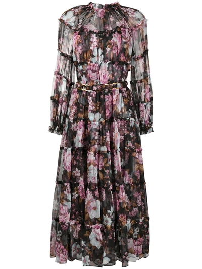 Zimmermann Gathered Floral-print Silk Crepon Midi Dress In Black