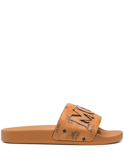 Mcm Leather Logo Slide In Brown