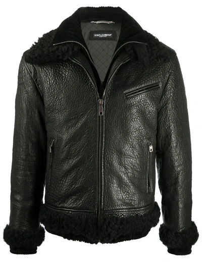 Dolce & Gabbana Pebbled Leather Jacket In Black