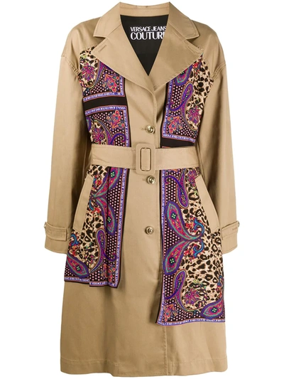 Versace Jeans Couture Paisley Leopard Accent Trench Coat In Camel