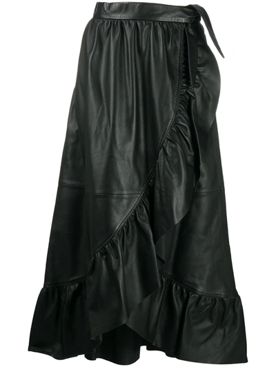 Zimmermann Ladybeetle Ruffled Leather Midi Wrap Skirt In Black
