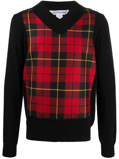 Comme Des Garçons Shirt Tartan Check V-neck Wool Jumper In Black