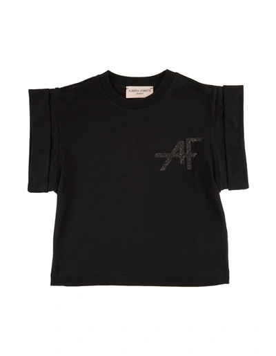 Alberta Ferretti Kid Black T-shirt With Glittered Monogram In Nero