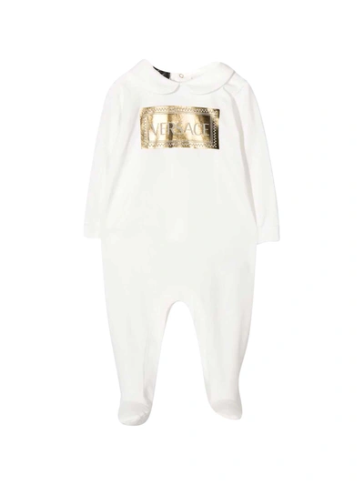 Young Versace Babies' Newborn White Onesie In Bianco/oro