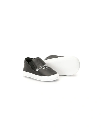 Dolce & Gabbana Babies' Lambskin Slip-on Trainers With Logo Print In Black/white