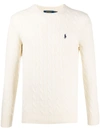 Polo Ralph Lauren Textured Cable Knit Sweater With Round Neckline And Fitted Silhouette In Neutral