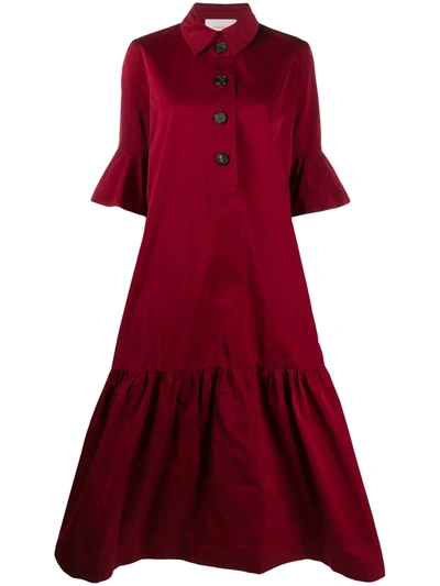 La Doublej Ruffled Polo Neck Shirt Dress In Red