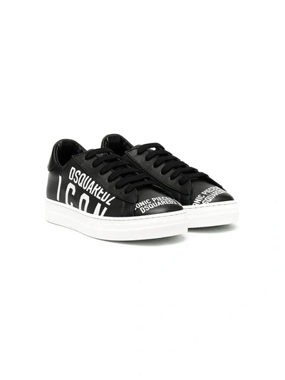 Dsquared2 Kids' Icon Print Lace-up Leather Sneakers In Black