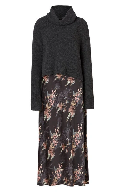 Allsaints Tierny Melisma Jumper-overlay Wool-blend And Crepe Midi Dress In Charcoal Gry/b