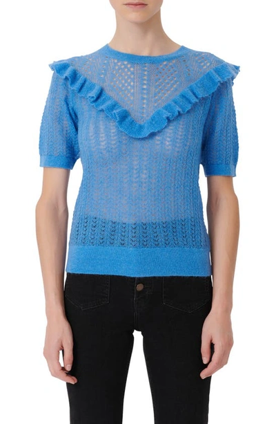 Maje Mohair Openwork Knit Sweater With Ruffles In Nocolor