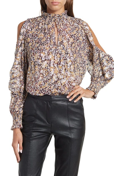 Maje Metallic Paisley Cold Shoulder Blouse In Animal Lurex