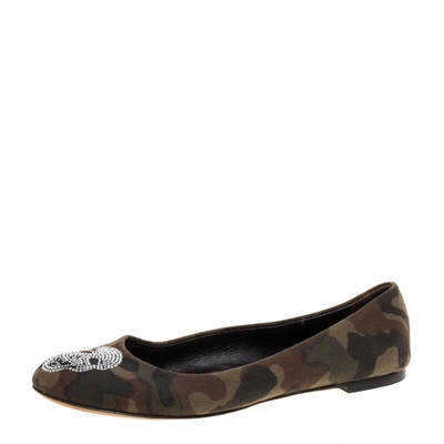 Pre-owned Giuseppe Zanotti Green Camouflage Canvas Crystal Skull Ballet Flats Size 38.5