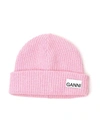 Ganni Logo-patch Ribbed Wool-blend Beanie In Pink