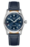Longines Spirit Automatic Leather Strap Watch, 42mm In Blue/ Silver