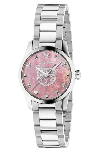 Gucci 27mm G-timeless Bracelet Watch W/ Feline, Pink In Mother Of Pearl / Pink