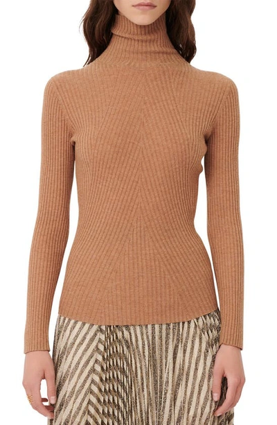 Maje Directional Ribbed Turtleneck In Camel