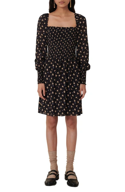 Maje Floral Long Sleeve Smocked Dress In Black