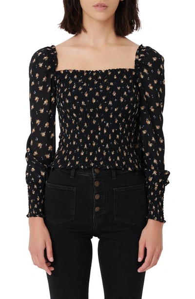 Maje Lithik Floral Print Smocked Top In Blue