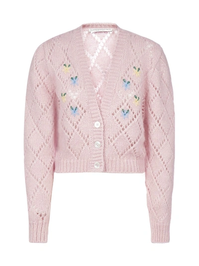 Alessandra Rich Cropped Embroidered Pointelle-knit Alpaca-blend Cardigan In Pink