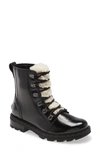 Sorel Lennox Lace Cozy Shearling-trimmed Waterproof Patent-leather Ankle Boots In Black