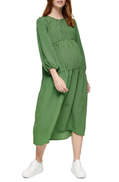 Topshop Gingham Smocked Long Sleeve Maternity Midi Dress In Green Multi