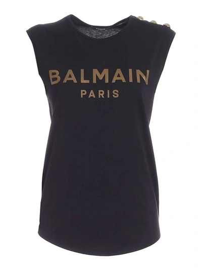 Balmain Logo Shoulder Embellished Detail Tank Top In Black