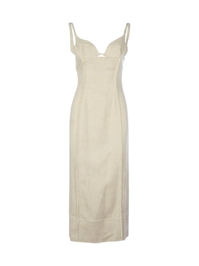 Jacquemus Valerie Bustier-cup Cutout Frayed-seam Midi Dress In Beige