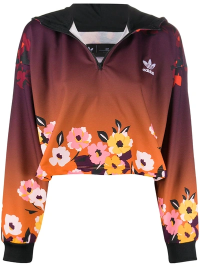Adidas Originals Floral-print Hooded Sweatshirt In Brown