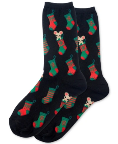 Hot Sox Women's Christmas Stocking Mouse Crew Socks In Black