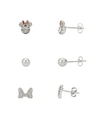 DISNEY TWO-TONE CUBIC ZIRCONIA MINNIE MOUSE EARRING SET WITH IMITATION PEARL AND BOW, THREE PAIR, IN SILVER