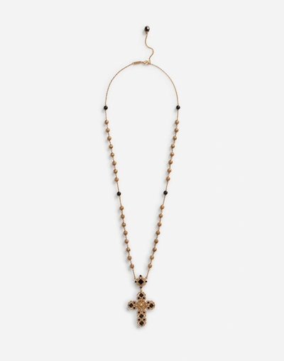Dolce & Gabbana Beaded Crystal-embellished Cross-pendant Necklace In Gold